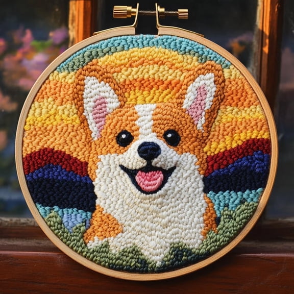 DIY Punch Needle Kits for Beginners Cute Corgi Dog with Sunset with Hoop Punch Needle Starter Craft Embroidery Set Easy for Adults and Children Festival Gift and Decoration 20x20cm-2