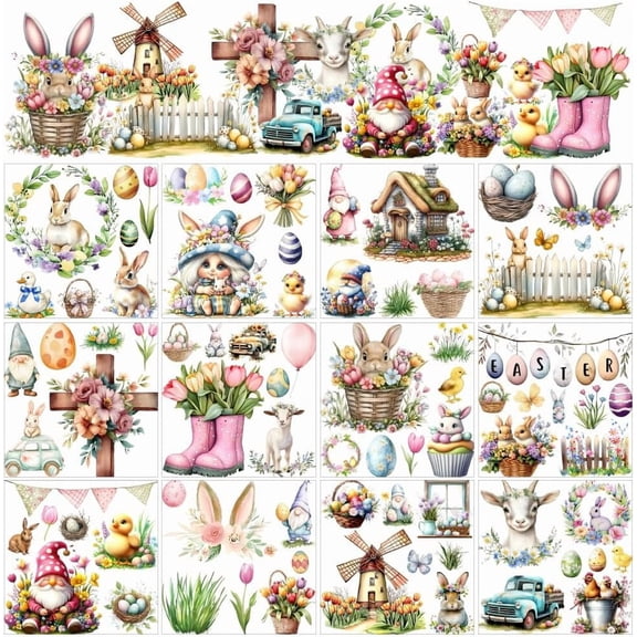 12 Sheets Easter Window Sticker Bunny Egg Tulip Rub on Transfer Stickers Home Decor Stickers DIY
