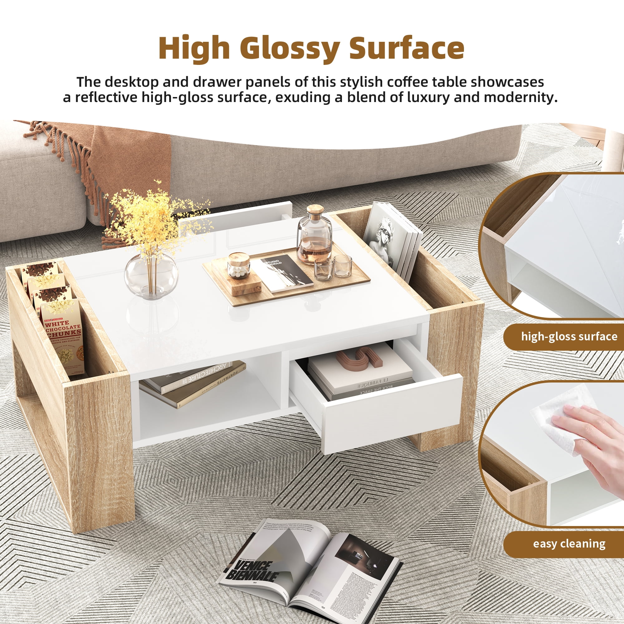 MAYEERTY High Glossy Coffee Table with 2 Drawers & Open Storage Shelf, Two-Tone Rectangle Center Table with Hidden Compartments, Modern Cocktail Table for Living Room, Bedroom, White, 41.3 x 23.6"