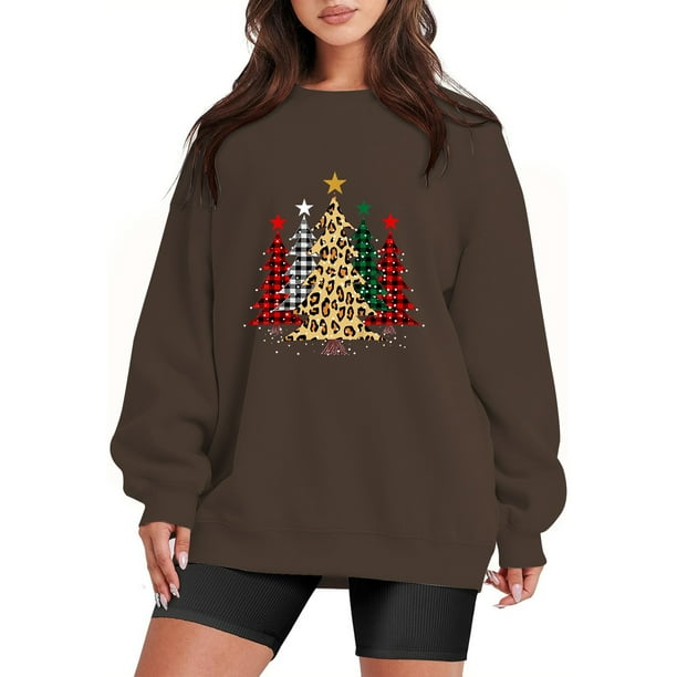 Gibobby Sudadera Navidad mujer Navidad Mujer Casual Manga Larga Impreso Sudadera Suelta Cuello Redondo Y 2 K Sudadera Blusa(Marrón,CH)