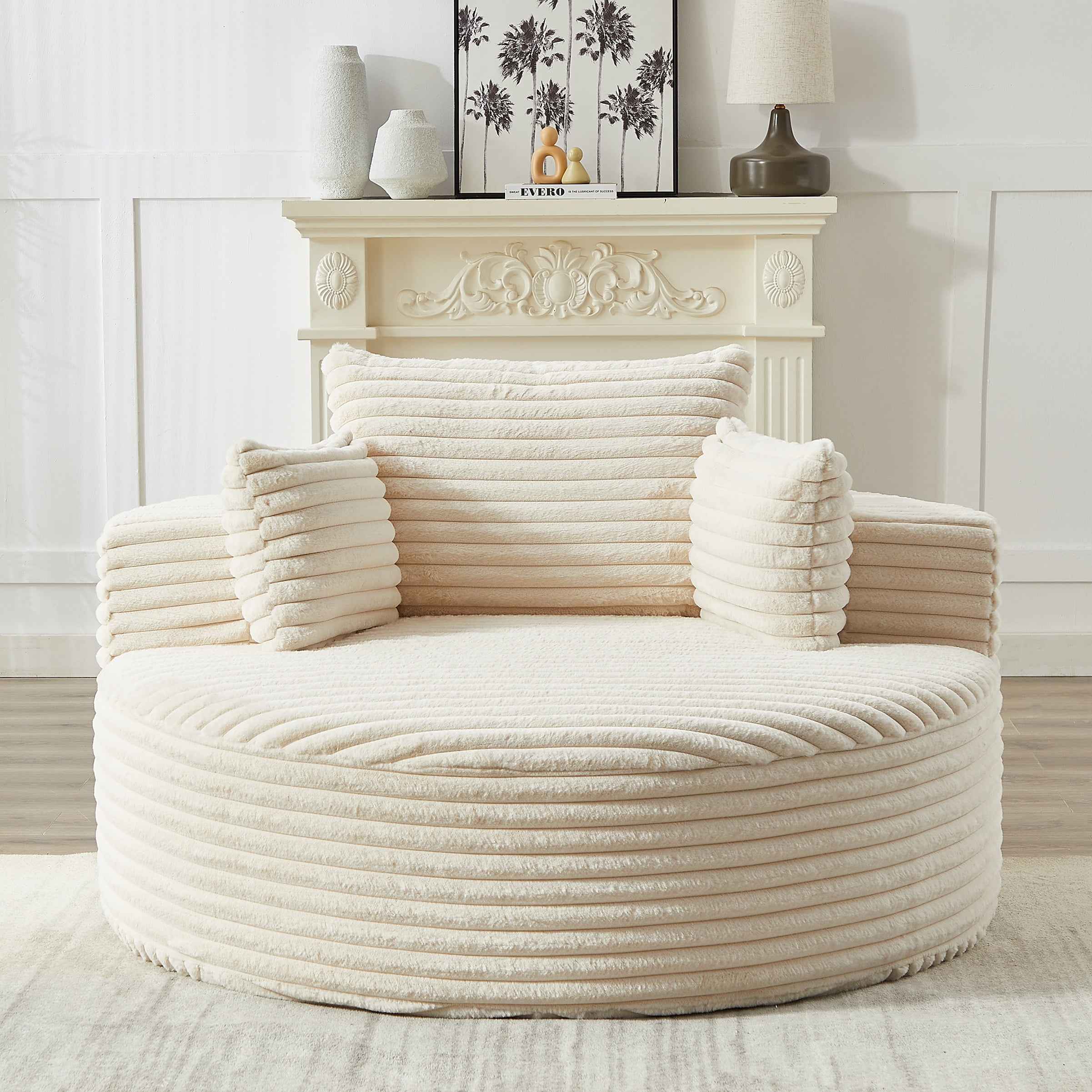 Aukfa 55" Oversized Round Chaise Lounge Chair Indoor, Corduroy Upholstered Sleeper Chair with Deep Seat & Pillows, Beige