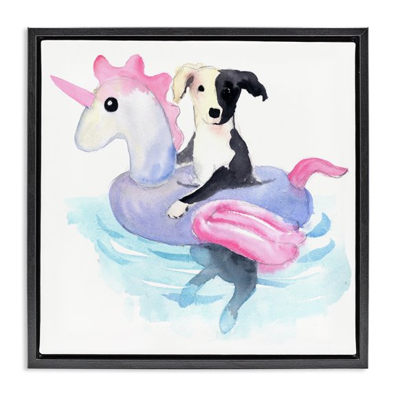 Stupell Industries Sandy Dog Pool Float Animals Painting Black Floater Framed Canvas Art Print Wall Art, 18 x 18