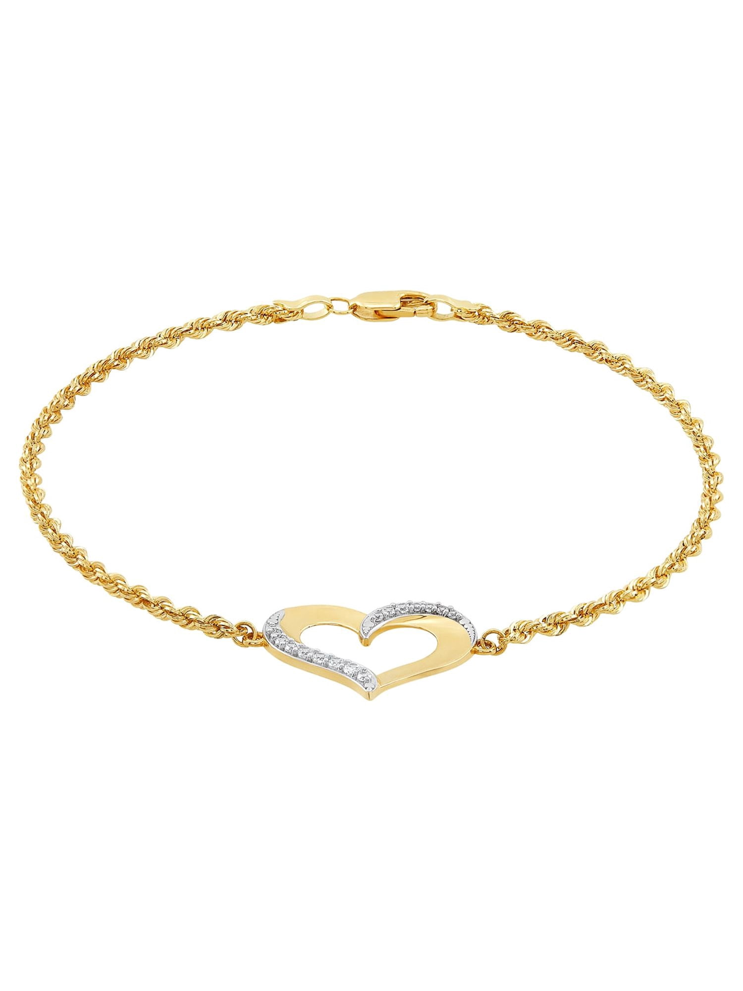 Brilliance Fine Jewelry 10K Yellow Gold Open Heart Cubic Zirconia Rope Bracelet, 7.5"