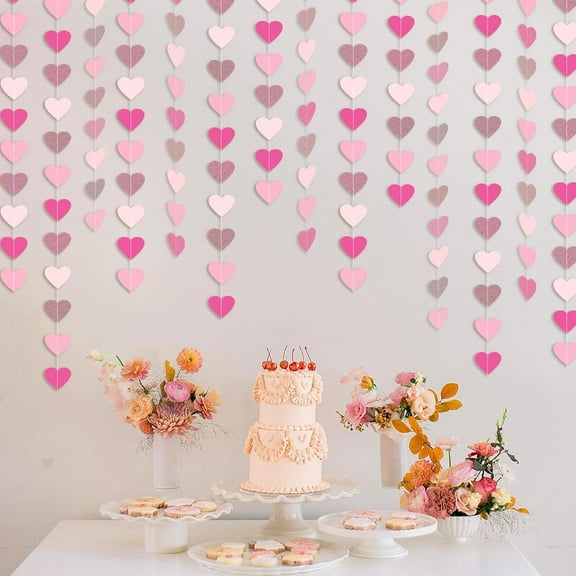 Pink Rose-Gold Party Decorations Love-Heart Garland - 48ft, Wedding Bridal Shower Streamers Banner, Baby Girl Birthday, Bachelorette Engagement, Valentine Galentines Day Mother's Day