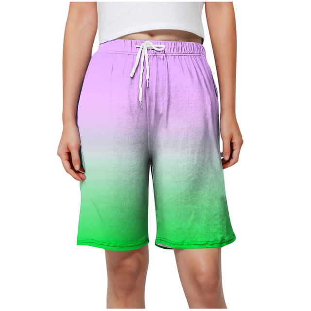 Plebaso Knee Length Shorts for Women Gradient Print Casual Shorts Drawstring Summer Beach Short Pants