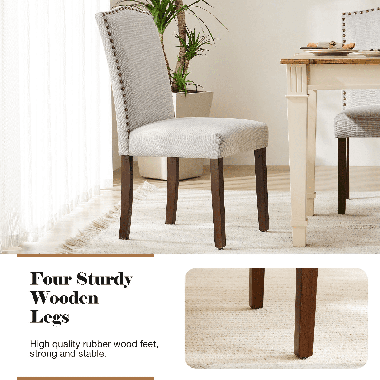 MAYEERTY Modern Armless Dining Chairs With Upholstered Fabric,Nailhead Trim And Wood Legs