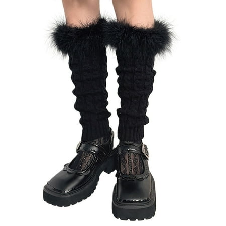 

Liacowi Women Juniors Knitted Leg Warmers Fur Trim Winter Warm Long Socks Boots Cover