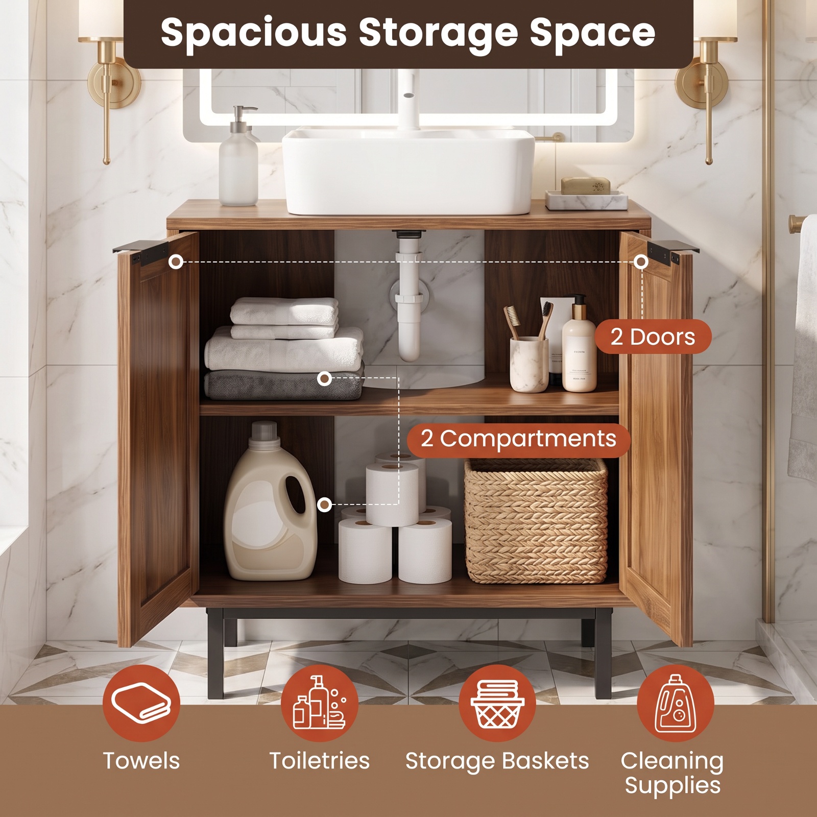 Vebreda Freestanding Bathroom Storage Cabinet, Bathroom Vanity Cabinet with U-Shaped Cut-Out 2 Rattan Doors and Shelf, Hidden Sink Organizer