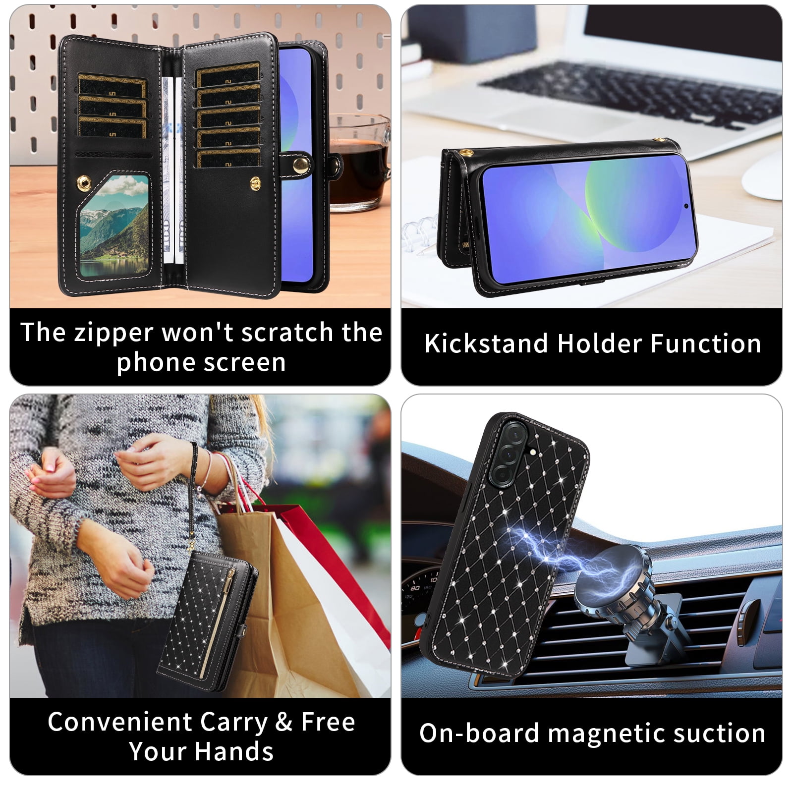 Asuwish Phone Case for Samsung Galaxy A16 5G/4G Zipper Wallet Detachable Cell Cover with Tempered Glass Screen Protector Crossbody Lanyard Strap Bling Glitter Flip Card Holder Slot SM-A 16 16A Black