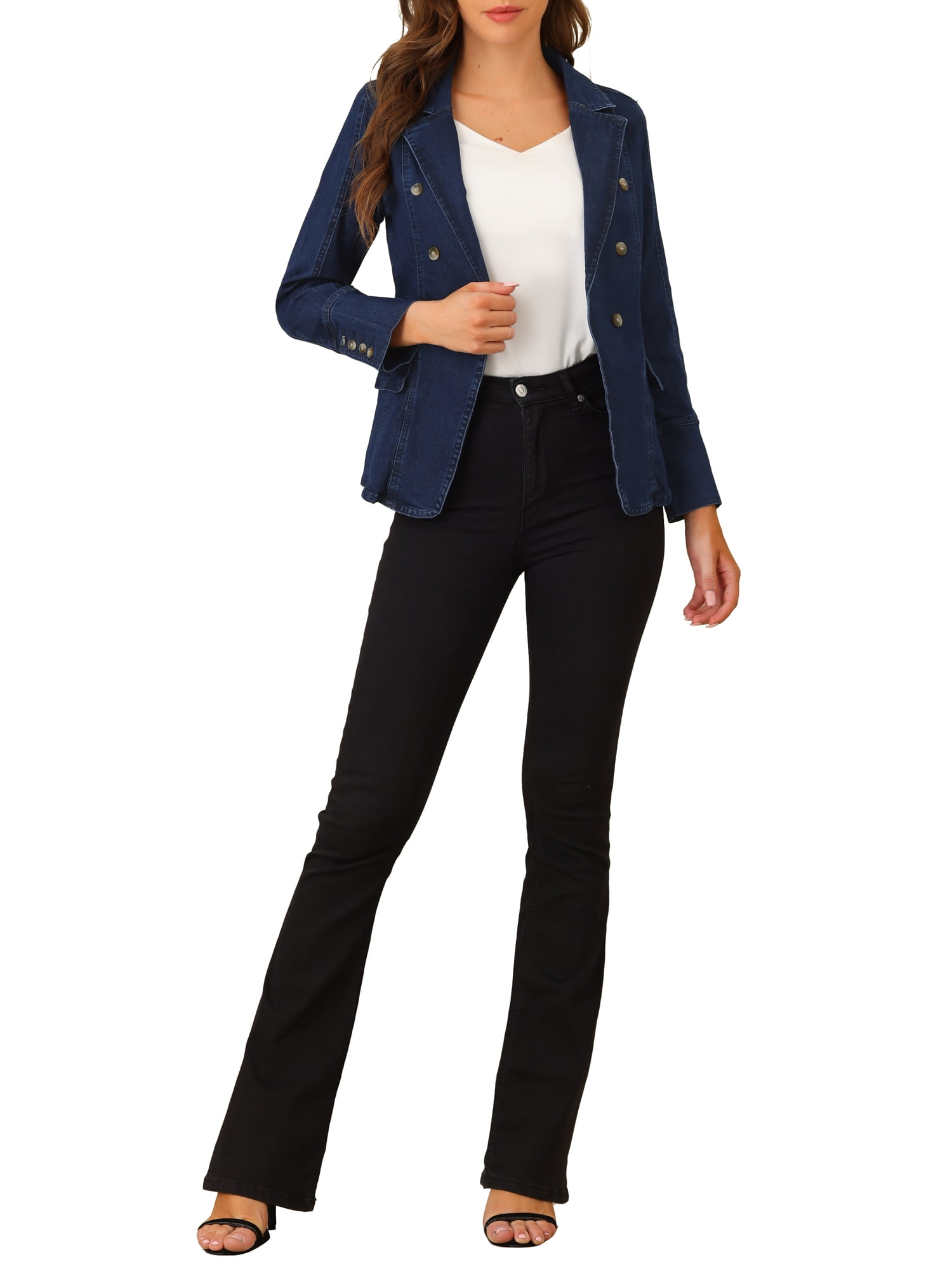 DARING DIVA Women's Lapel Jeans Blazer Denim Jacket W Pockets M Mid-Blue