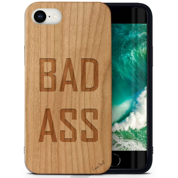 Case Yard Wooden Case Outside Soft TPU Silicone, Slim Fit Shockproof Wood Protective Phone Cover for Girls Boys Men and Women, Supports Wireless Charging Bad Ass Design case for iPhone-SE