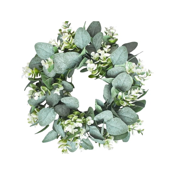 Artificial Eucalyptus Wreath with Plaid Bow, Spring Summer Green Leaf Wreath for Front Door Porch Farmhouse Decor, Festival Celebration Decor (13.8in)