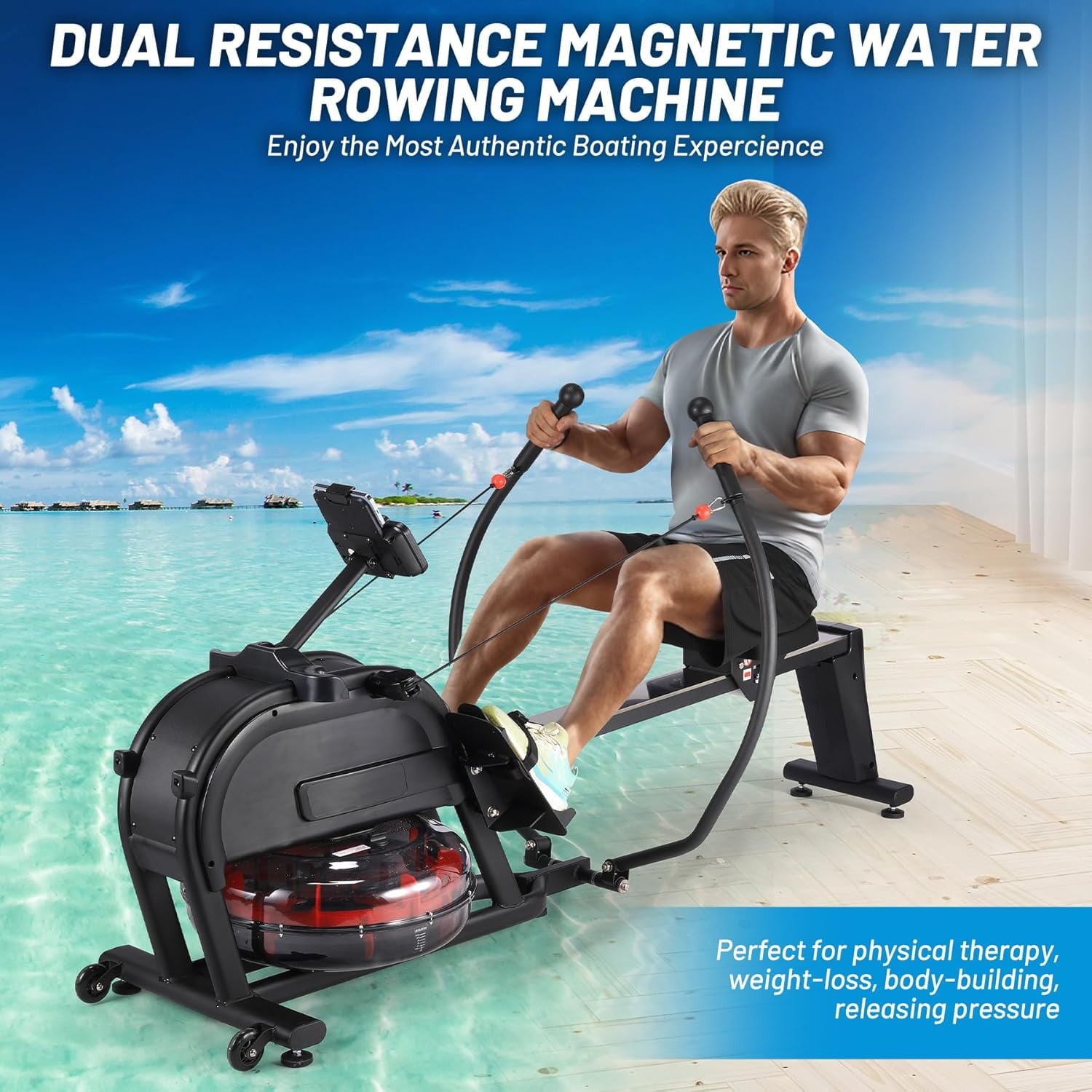 Rowing Machine Workout, Rowing Exercise Machine, 16 Levels Adjustable Dual Resistance, LCD Monitor, Dual Slide Rail, Magnetic Rowing Machine for Home Use, App Compatible, 350 LB Weight Capacity