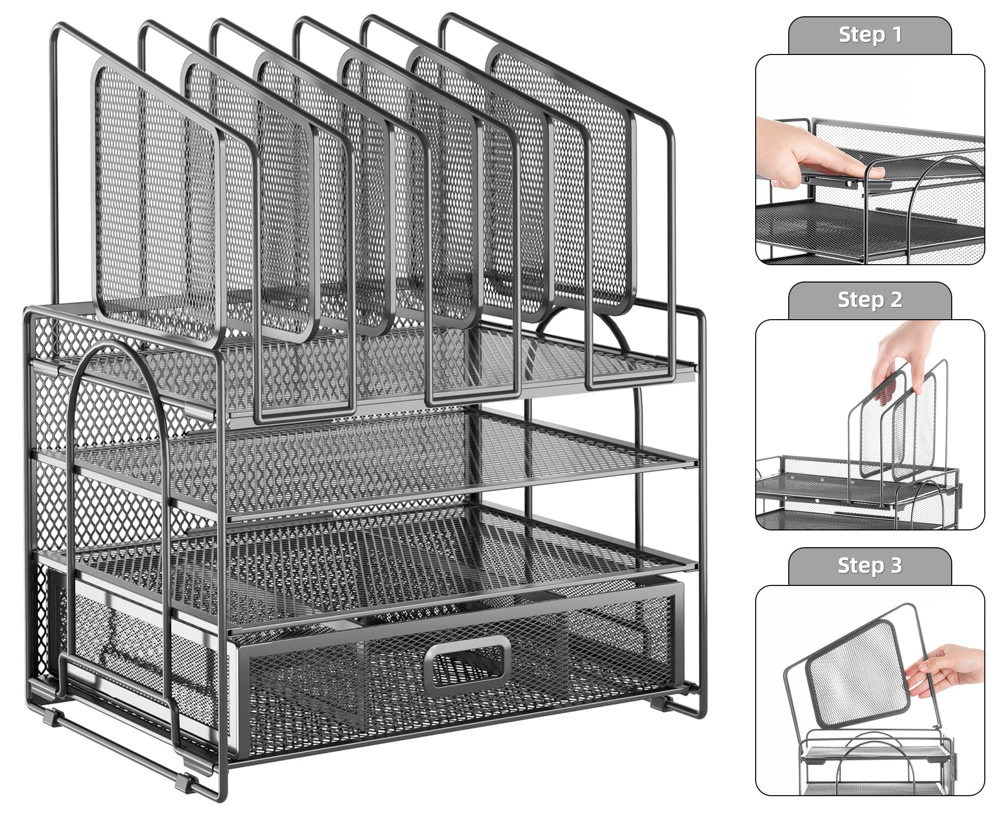 Desk Organizers  4-tier Mesh File Organizer With 5 Vertical Holders And 2 Pen Multifunction Desktop Accessories For Home Office (gray)