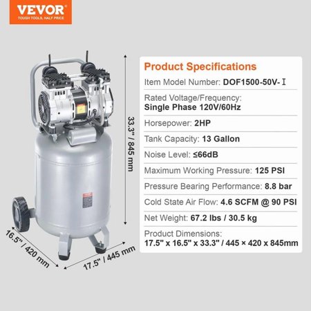 VEVOR 13 Gallon Air Compressor, 2HP 4.6 SCFM@90PSI Oil Free Air Compressor Tank, 66dB Ultra-Quiet Compressor for Tire Inflation, Auto Repair, Woodwork Nailing, Spray Painting (125PSI Max Pressure)