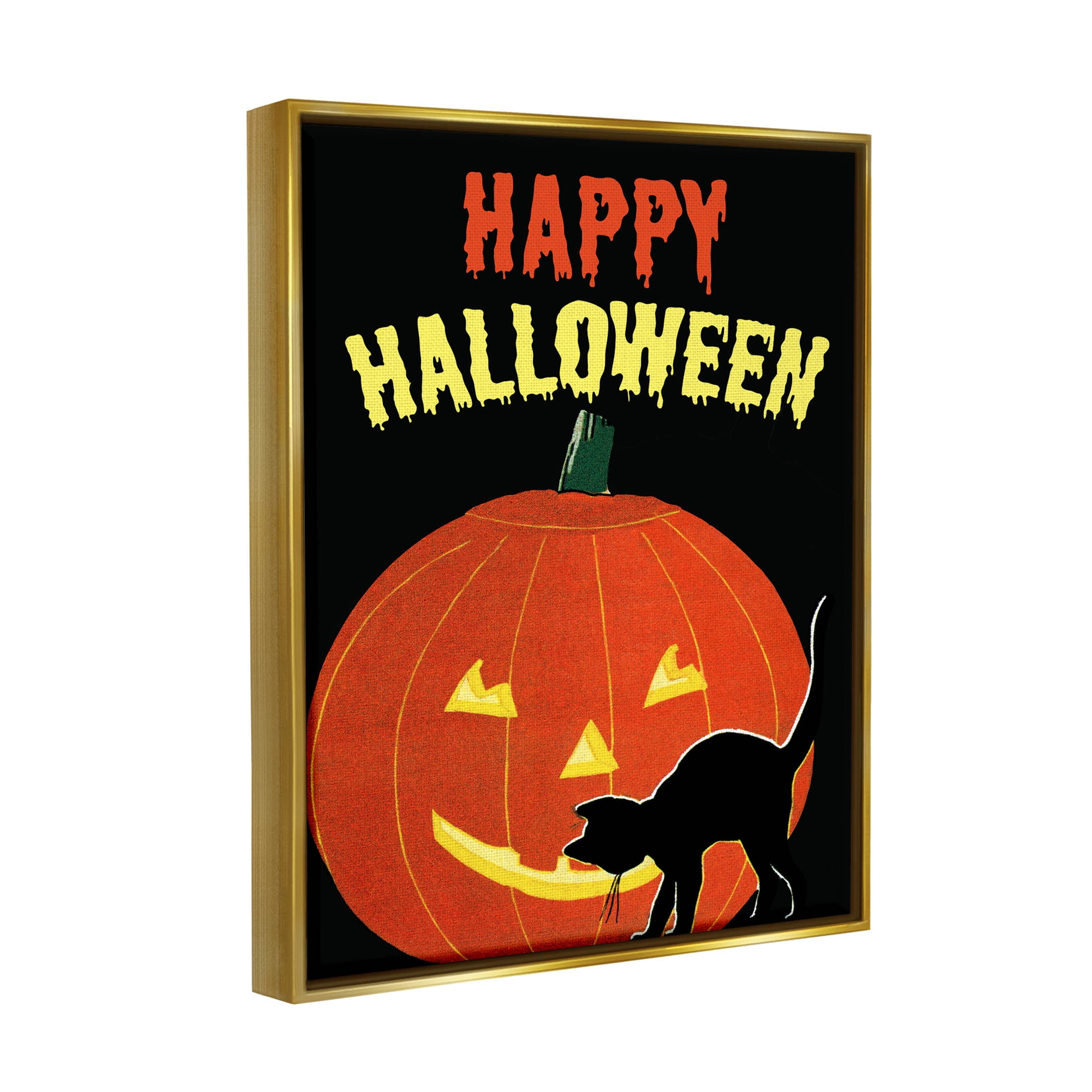 Stupell Industries Happy Halloween Haunted Jack-o-Lantern Graphic Art Metallic Gold Floating Framed Canvas Print Wall Art, Design by The Saturday Evening Post