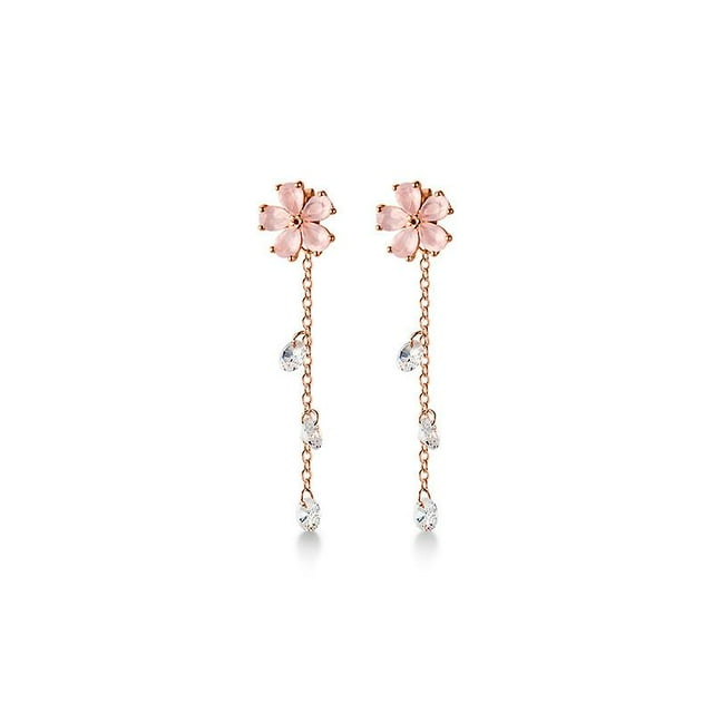 Aretes colgantes de botón de plata esterlina S925 para mujeres niñas Oro rosa Cristal rosa CZ Diamante Colgante Charm Flor Hoja Enhebrador Pendientes Chaquetas de oreja C