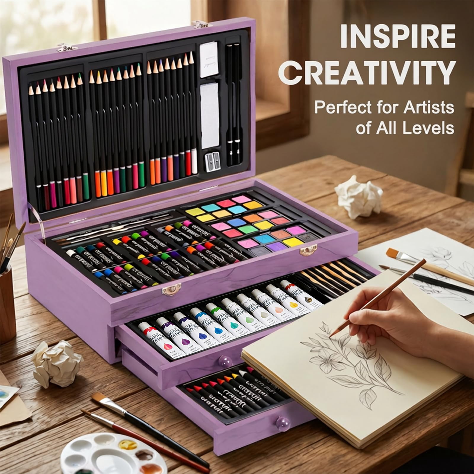 175-Pack Deluxe Wooden Art Set Drawing Painting Kit with 2 Drawing Pads, Acrylic Paints, Colored Pencils, Crayons, Paint Brush, Art Kit in Wooden Case, Gift for Artist, Adults, Teens and Kids