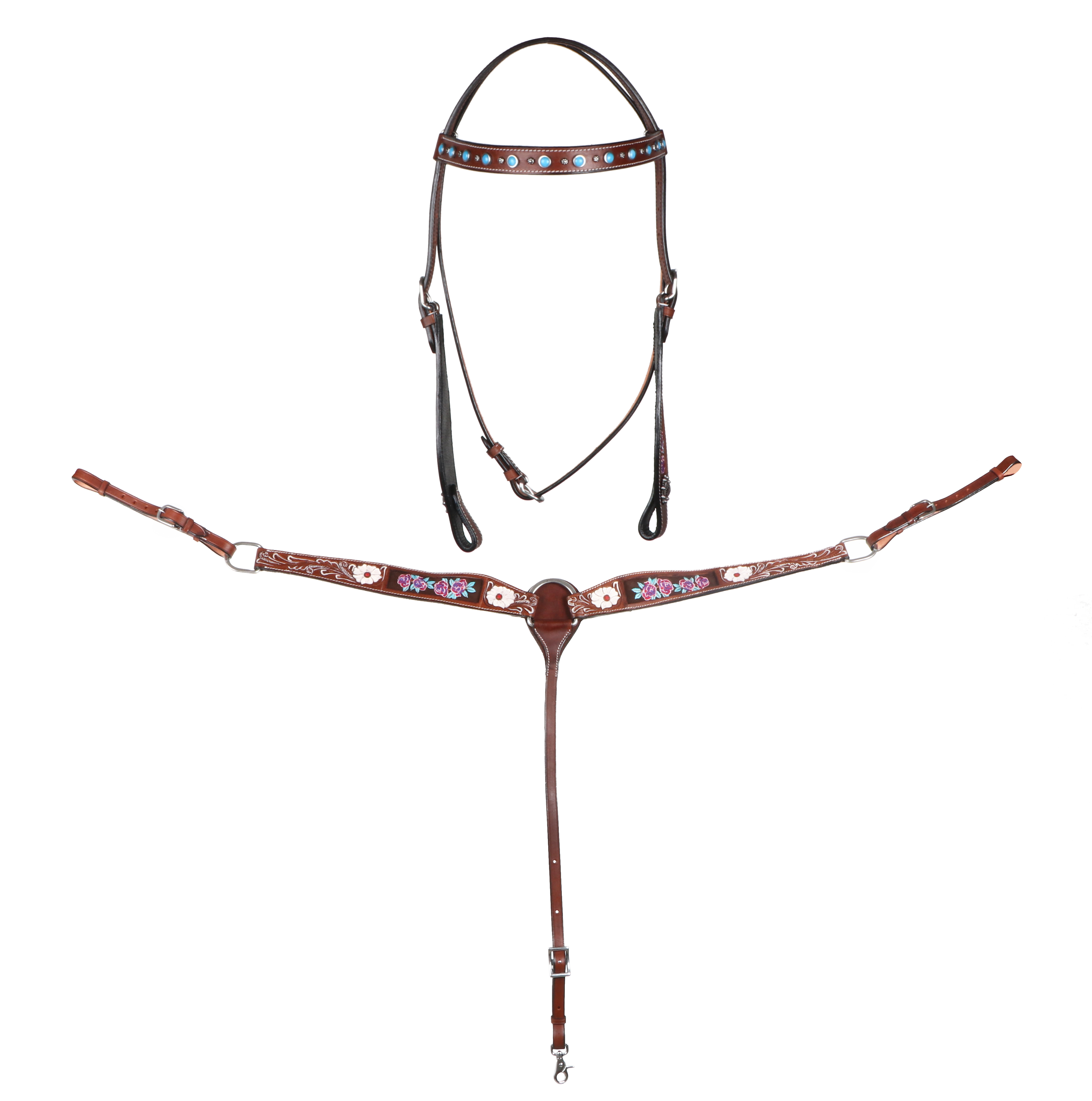 Horse Western Floral Embroidered Bridle & Breast Collar Set Brown