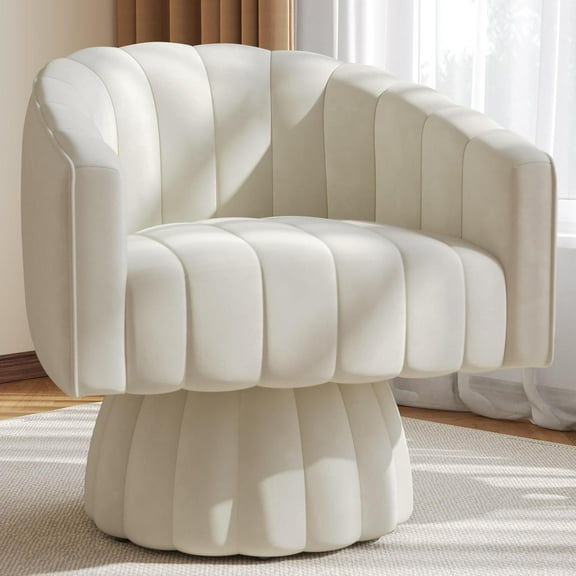 Swivel Accent Chair, Modern Velvet Fabric Barrel Chair, 360 Degree Swivel Lounge Reading Chair, Overstuffed Pumpkin Round Armchair, Comfy Living Room Chairs for Bedroom Office Nursery