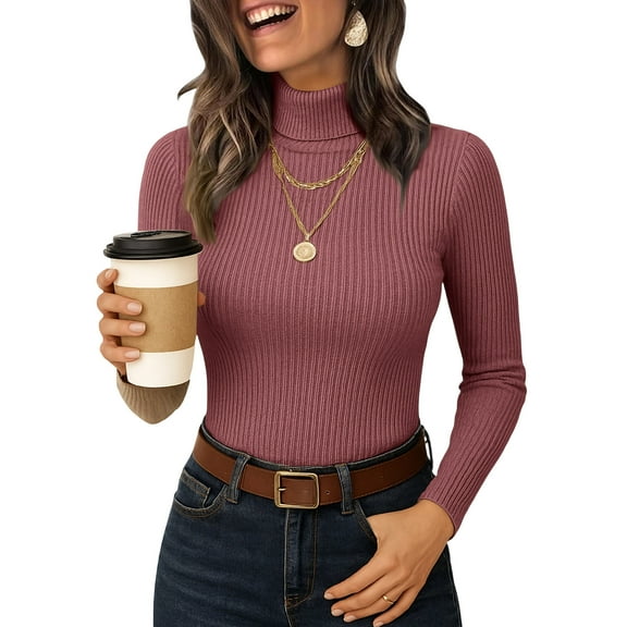 Womens Long Sleeve Turtleneck Sweaters Ribbed Knit Pullover Tops Slim Fit Basic Casual Comfort Soft Outfits Watermelon Red S