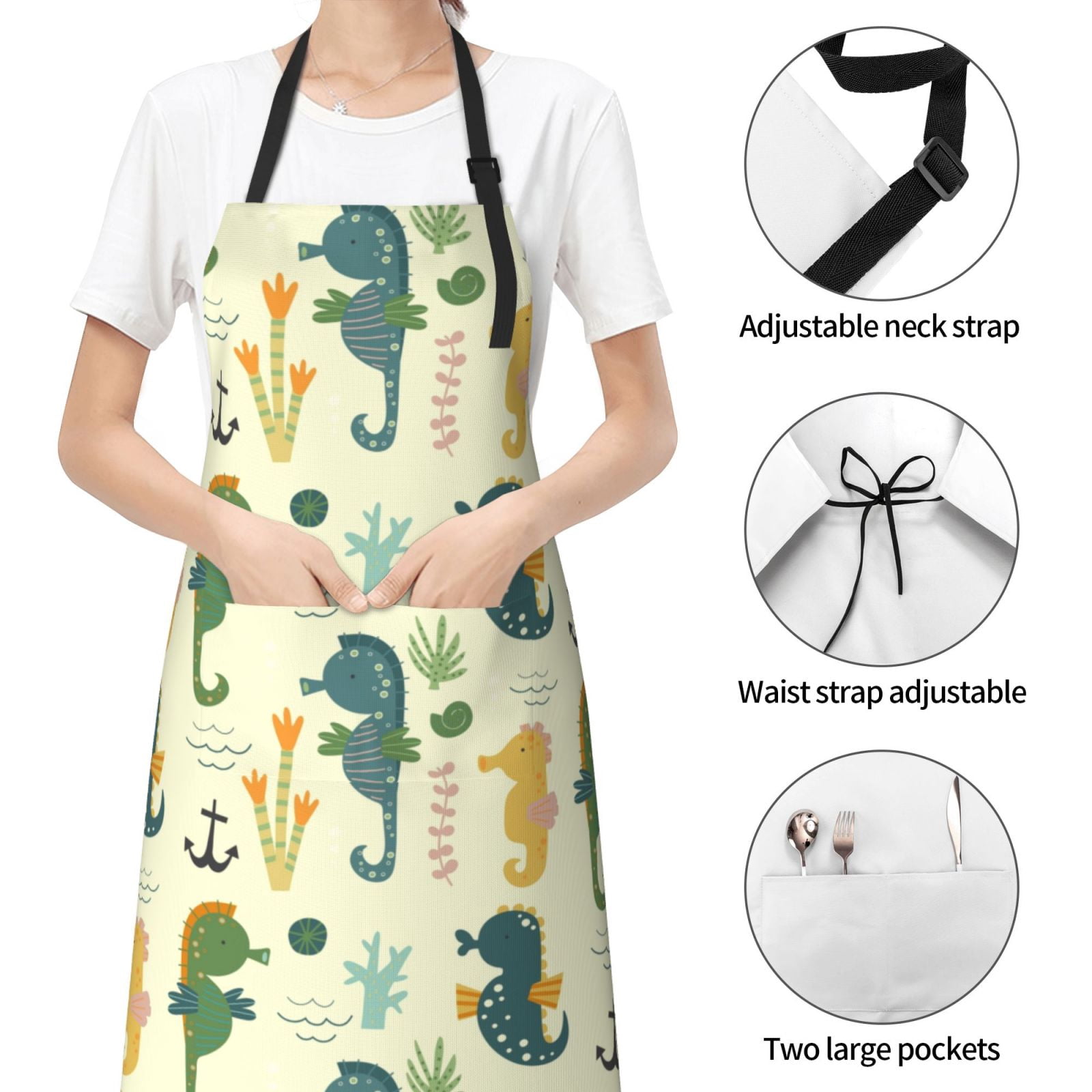 Kdxio Seahorse Apron with Pockets Adjustable Kitchen Aprons for Men Women Waterproof Aprons for Cooking,Drawing,Crafting, Baking Household Cleaning