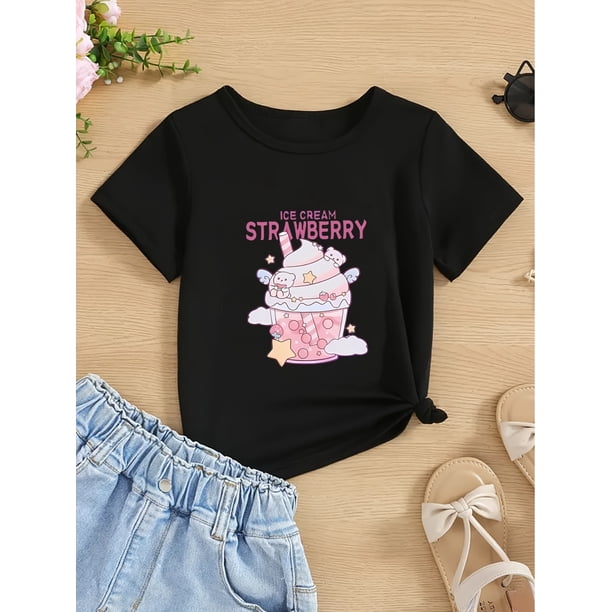 Camiseta suave y cómoda para niña con estampado de helado de dibujos animados. Cuello redondo gris, manga corta, diseño de fresas y dulces. Perfecta para primavera/verano.