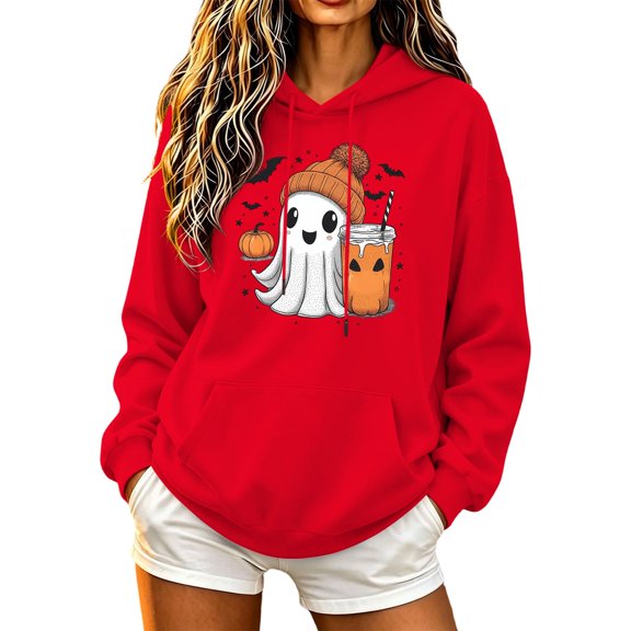 Enjoytime Womens Hoodies Halloween Cute Ghost Graphic Long Sleeve Pullover Hoodie Lightweight Casual Spooky Season Sweatshirts