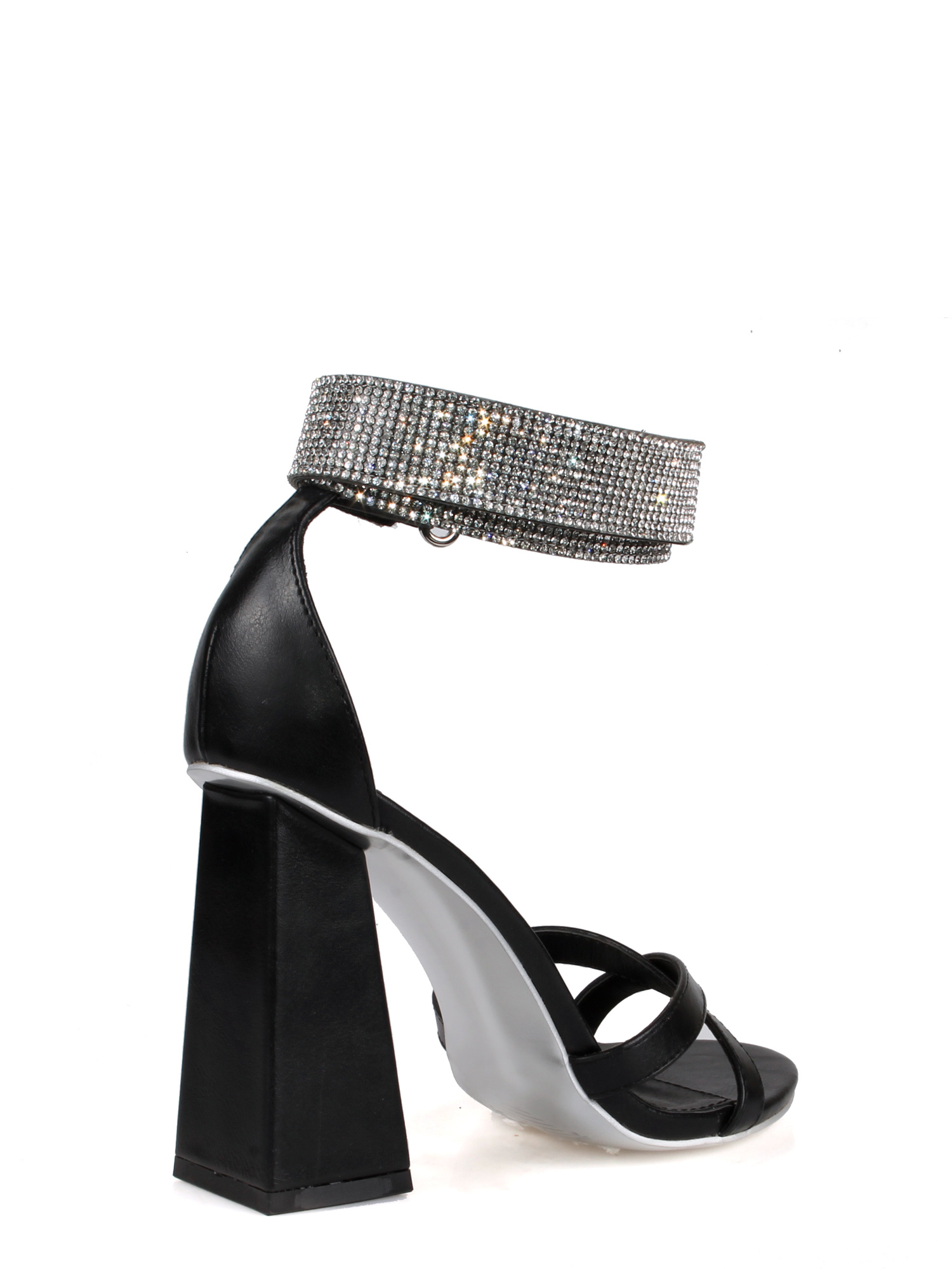 Ochotoros Chunky Heel Women's Rhinestone Sandals in Black