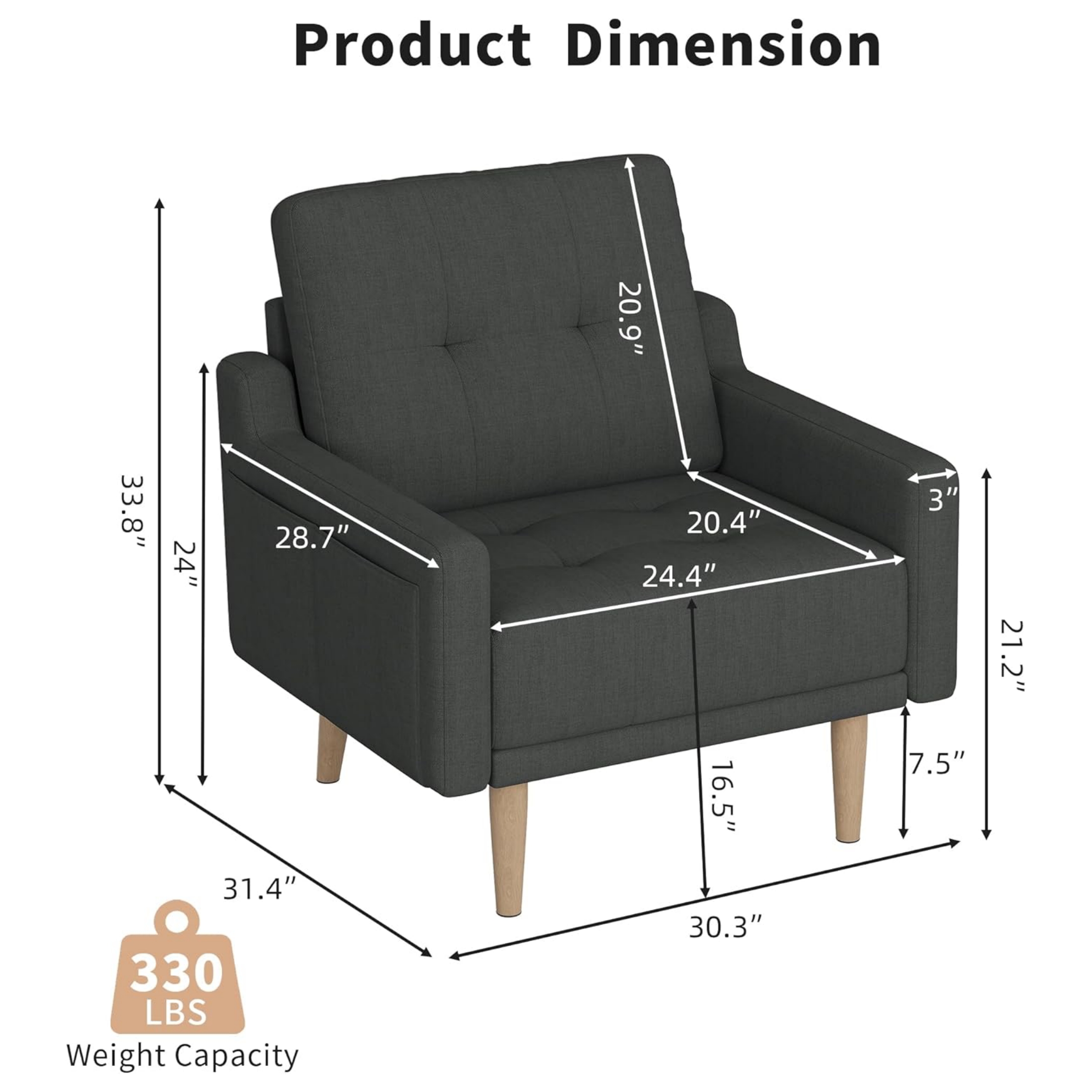 EPOWP Modern Upholstered Arm Chair, Mid Century Accent Club Chair with Side Pocket for Living Room, Bedroom, Office, Reading, Office, Dark Gray
