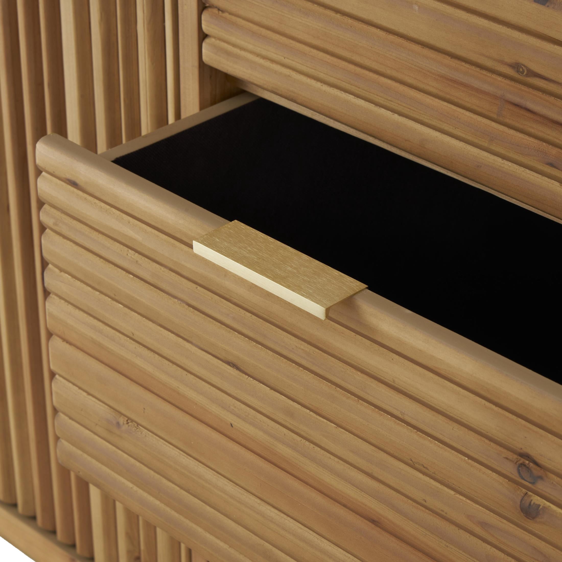 DecMode 36" x 36" Brown Wooden Ribbed 1 Door and 3 Drawer Cabinet with Gold Metal Handles, 1-Piece