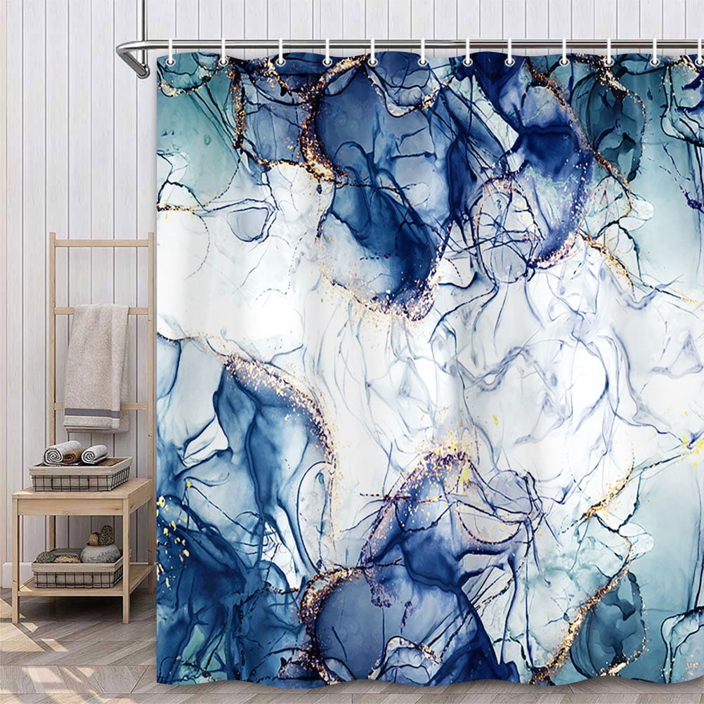 Blue Gold Marble Texture Shower Curtain Sets, Abstract Modern Fabric Shower Curtain for Bathroom, 3D Printing Durable Waterproof Washable Bath Curtain with Hooks 36X72in