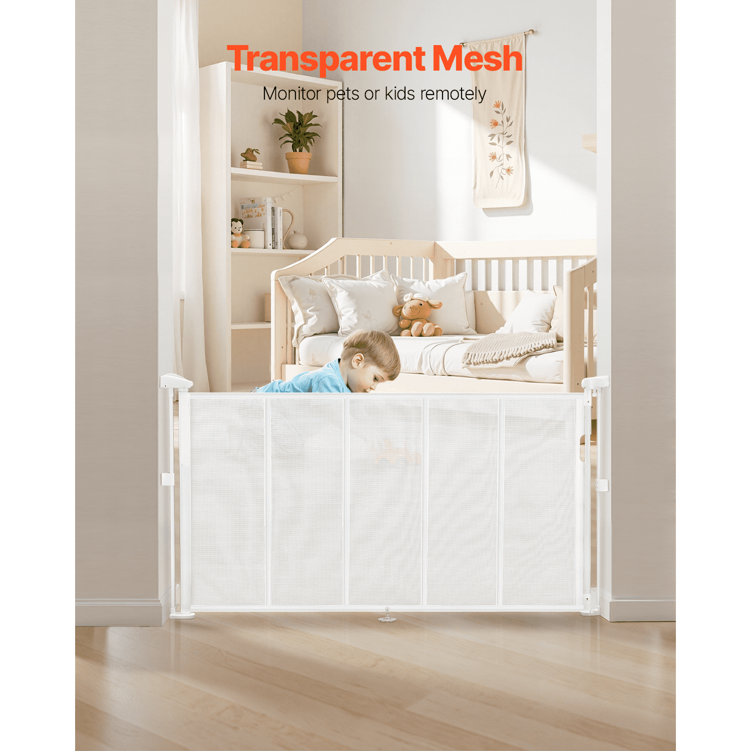 KFFKFF Retractable Baby Gate, 34-Inch Height, Expands Up to 55 Inches Wide, Mesh Barrier for Children or Pets, Simple Installation for Stairs, Doorways, Hallways, and Play Areas, White
