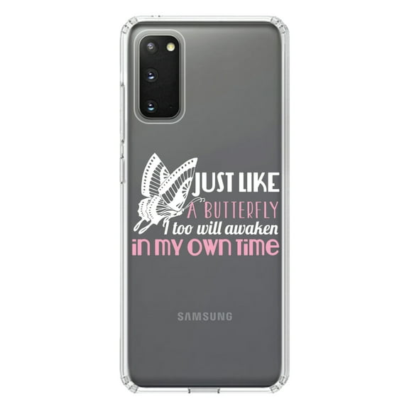 DistinctInk Clear Shockproof Hybrid Case for Galaxy S20 / S20 5G (6.2" Screen) - TPU Bumper Acrylic Back Tempered Glass Screen Protector - Like a Butterfly, Awaken in My Own Time