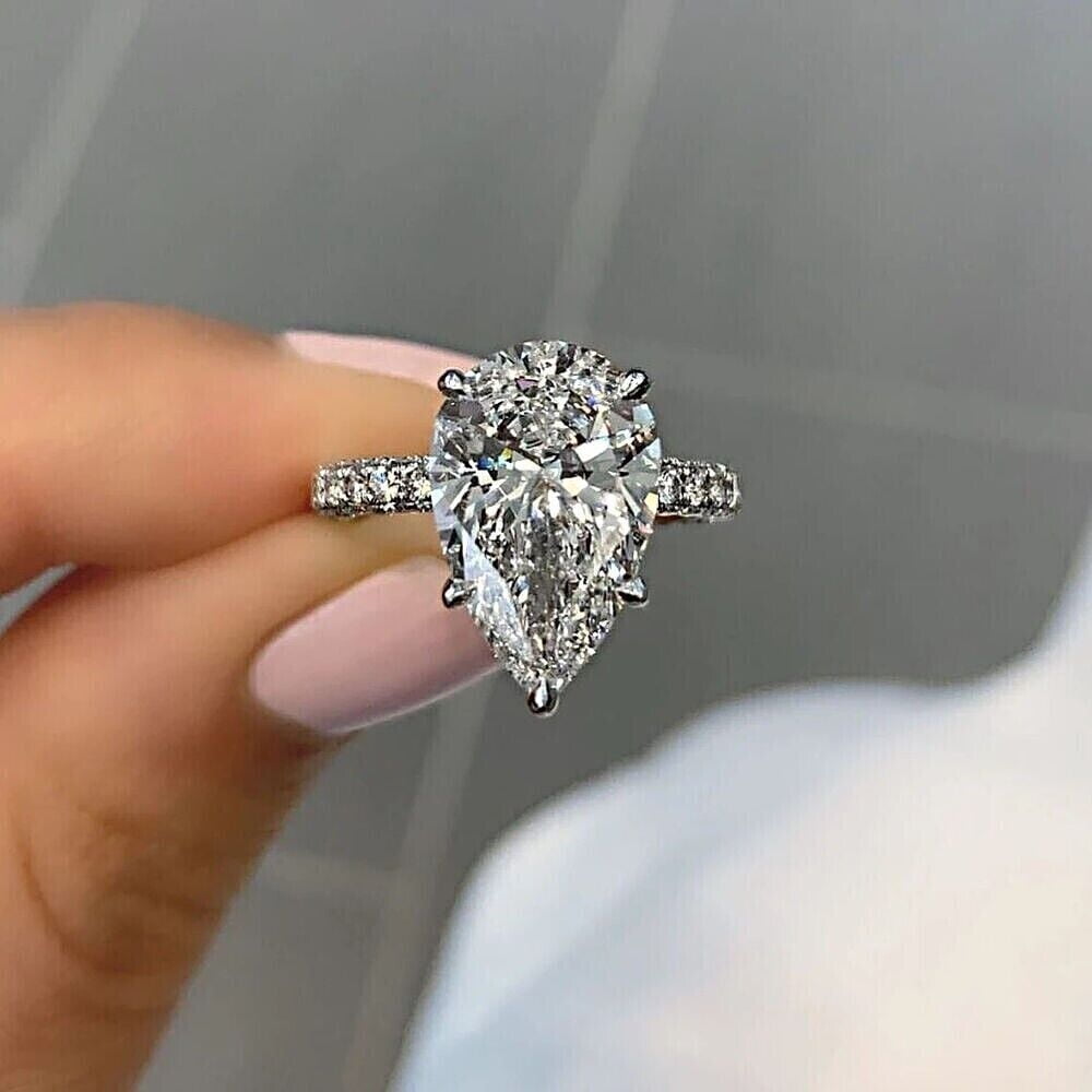 3Ct Pear Cut Lab-Created Diamond Women Engagement Ring 14k White Gold Plated Sterling Silver