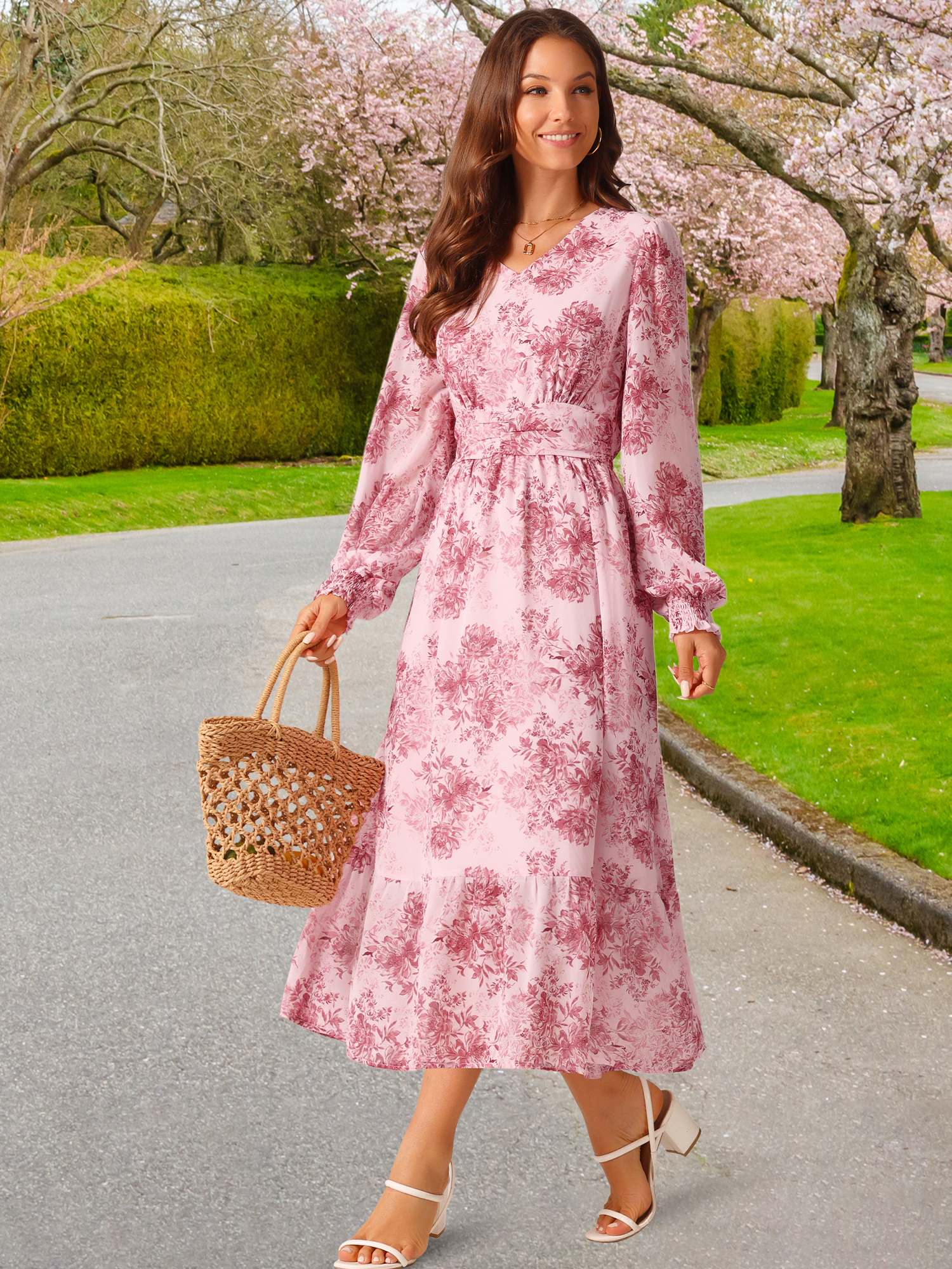 DARING DIVA Long Sleeve Floral V Neck Boho Chiffon Midi Dress L Pink