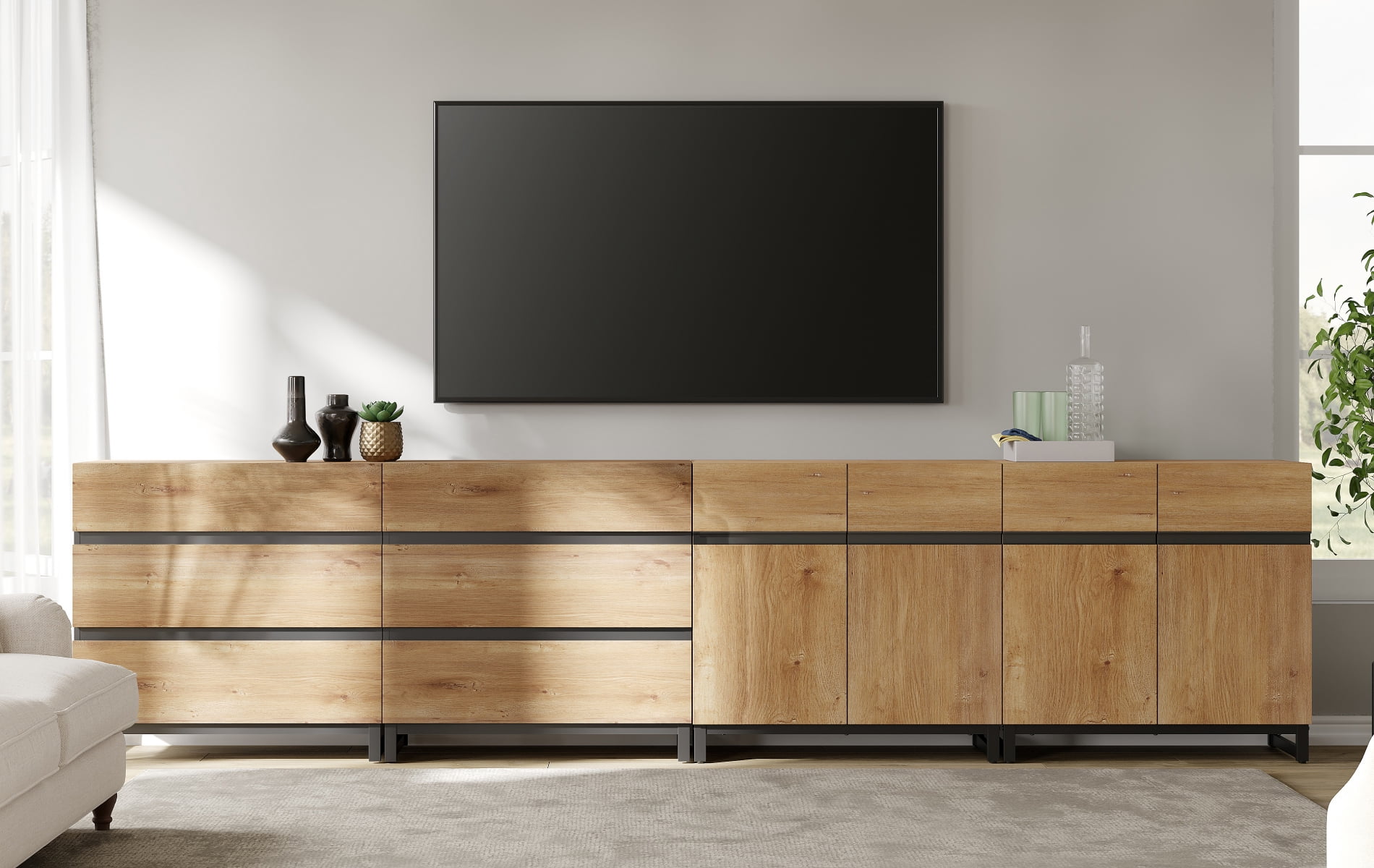 Modern TV Stand For Tvs Up To 120 Inches, 4-In-1 Entertainment Console With 6 Drawers And Adjustable Shelves, Media Cabinet For Living Room Or Bedroom,Oak