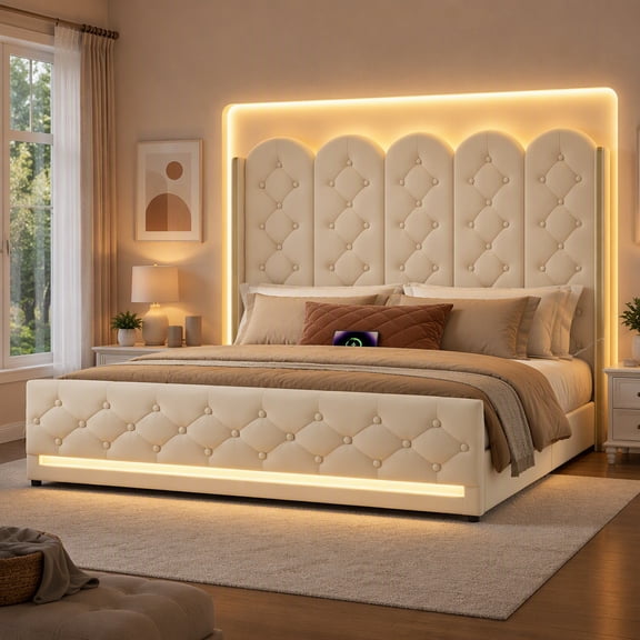 King Size Lift Up Storage Bed, LED Lights and Charging Station, Upholstered Bed Frame with Under-Bed Storage Space, No Box Spring Needed, Noise-Free, Easy Assembly, Beige