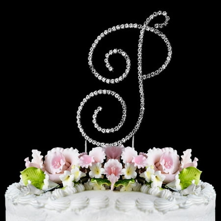 Crystal Monogram - Yacanna Swirl Design Crystal Monogram Cake Toppers Silver Cake Initial P Large