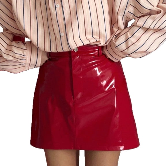 Women's Faux Leather Mini Skirt High Waisted Bodycon Red Fitted A-Line Skirt