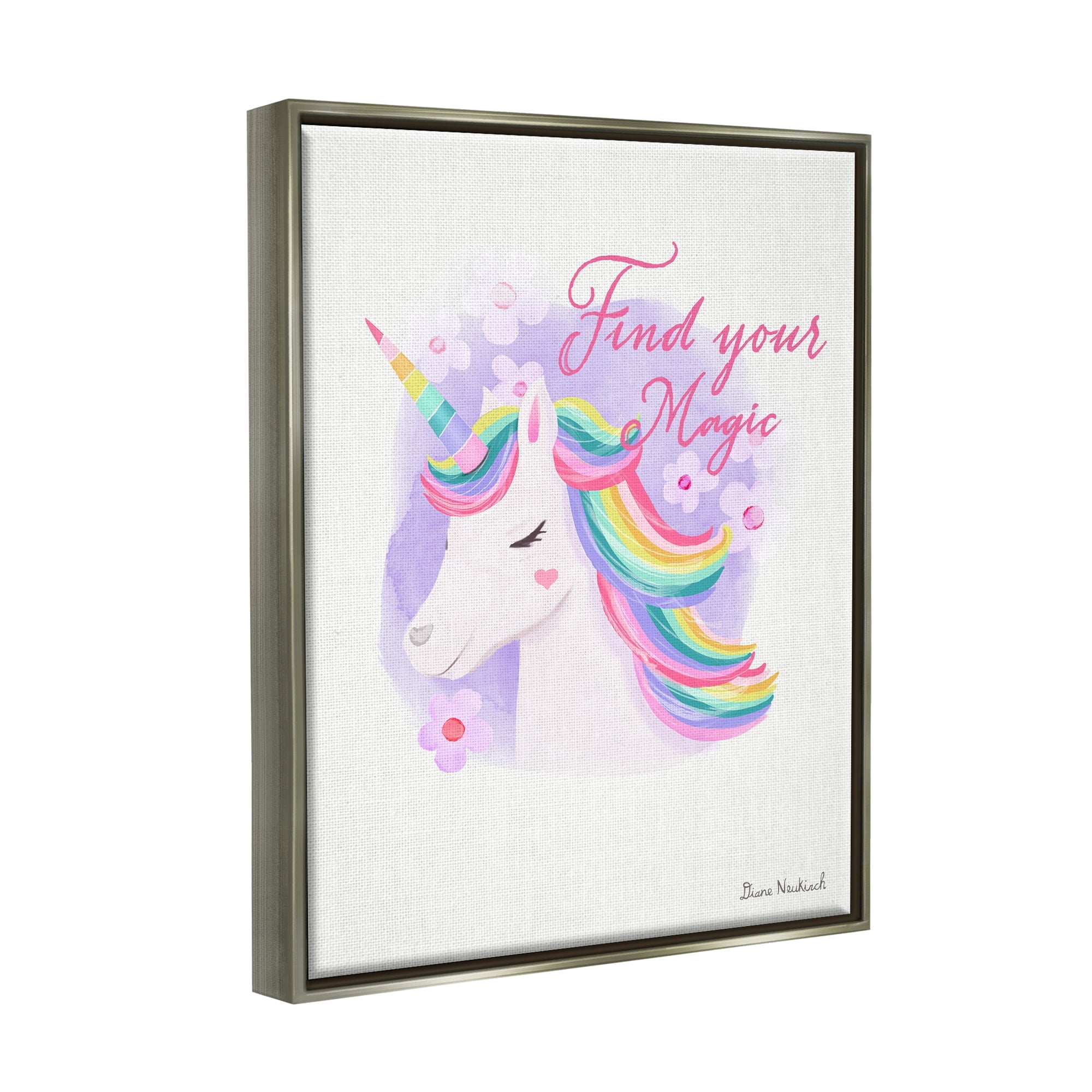 Stupell Industries Find Your Magic Bold Rainbow Floral Unicorn Mane Graphic Art Luster Gray Floating Framed Canvas Print Wall Art, Design by Diane Neukirch