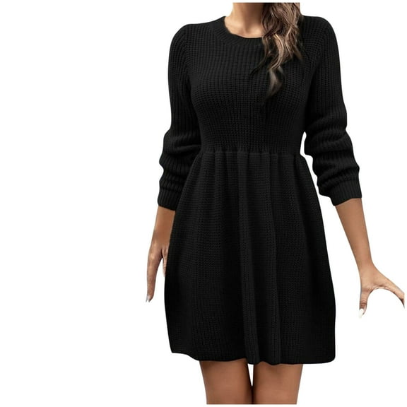 Womens Long Sleeve Sweater Dresses Crew Neck Casual Solid Color Fall Winter Knit Dress