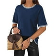 thumbnail image 2 of Women Casual Round Neck Solid Color Short Sleeve T Shirt 2025 Knit Contrast Trim Top for Spring Summer Daily Wear and Outfits, 2 of 5