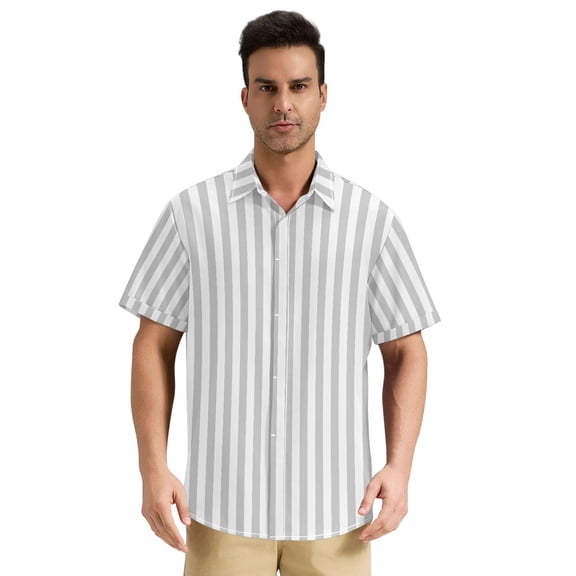 Dailycode Men's Casual Button Down Shirts Short Sleeve Summer Hawaiian Beach Shirt, Silver Gray and White Stripes