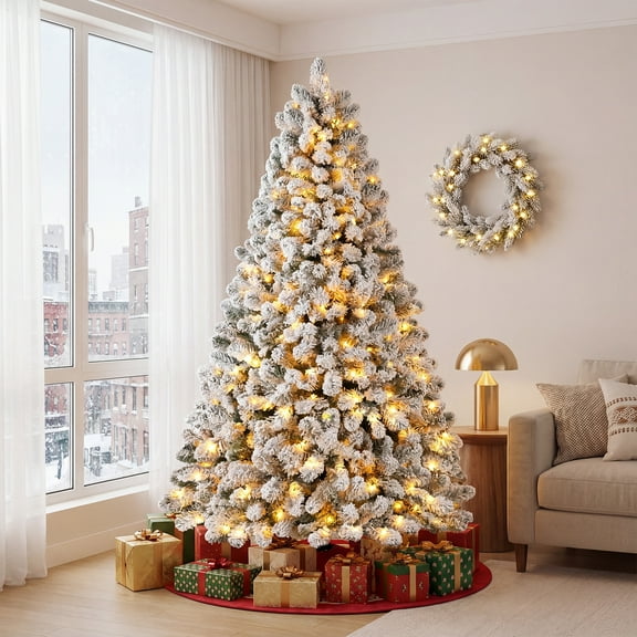 HONGGE 6ft Pre-Lit Snow Flocked Christmas Tree with 250 Warm White Lights, 1000 Branch Tips