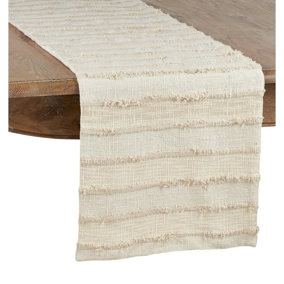 Fennco Styles Cottage Stripe Patched Fringe 16 x 72 Inch Table Runner â€“ Ivory Table Runner