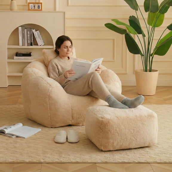 Peispie Giant Bean Bag Chair with Footstool, Faux Fur Shell-Shaped Large Chair 300lbs, Oversized Bean Bag for Adults, Comfy Floor Sofa for Gaming, Reading, Living Room, Khaki
