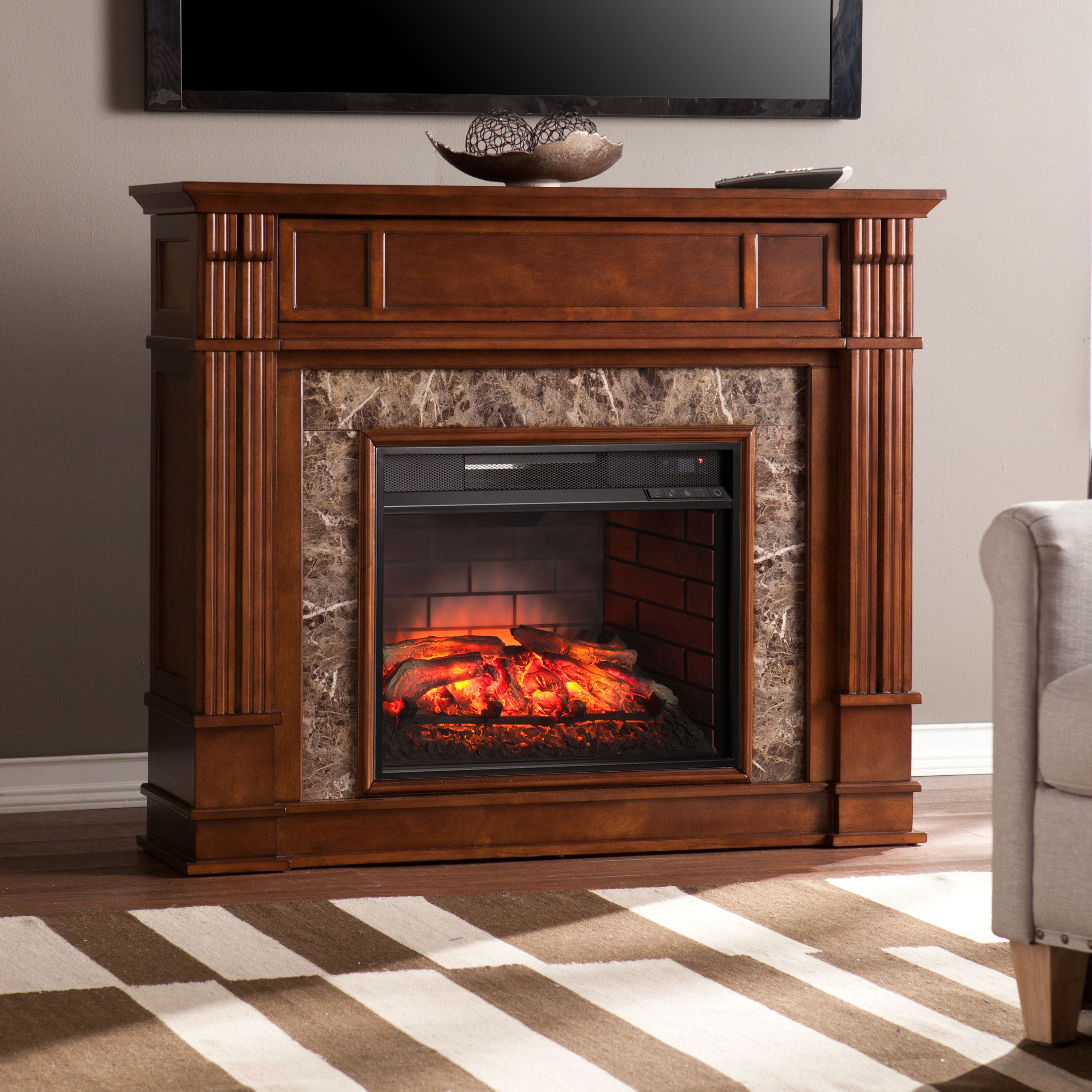 Perifyre Media Infrared Fireplace Console with Faux Granite, for TV's up to 46", Whiskey Maple