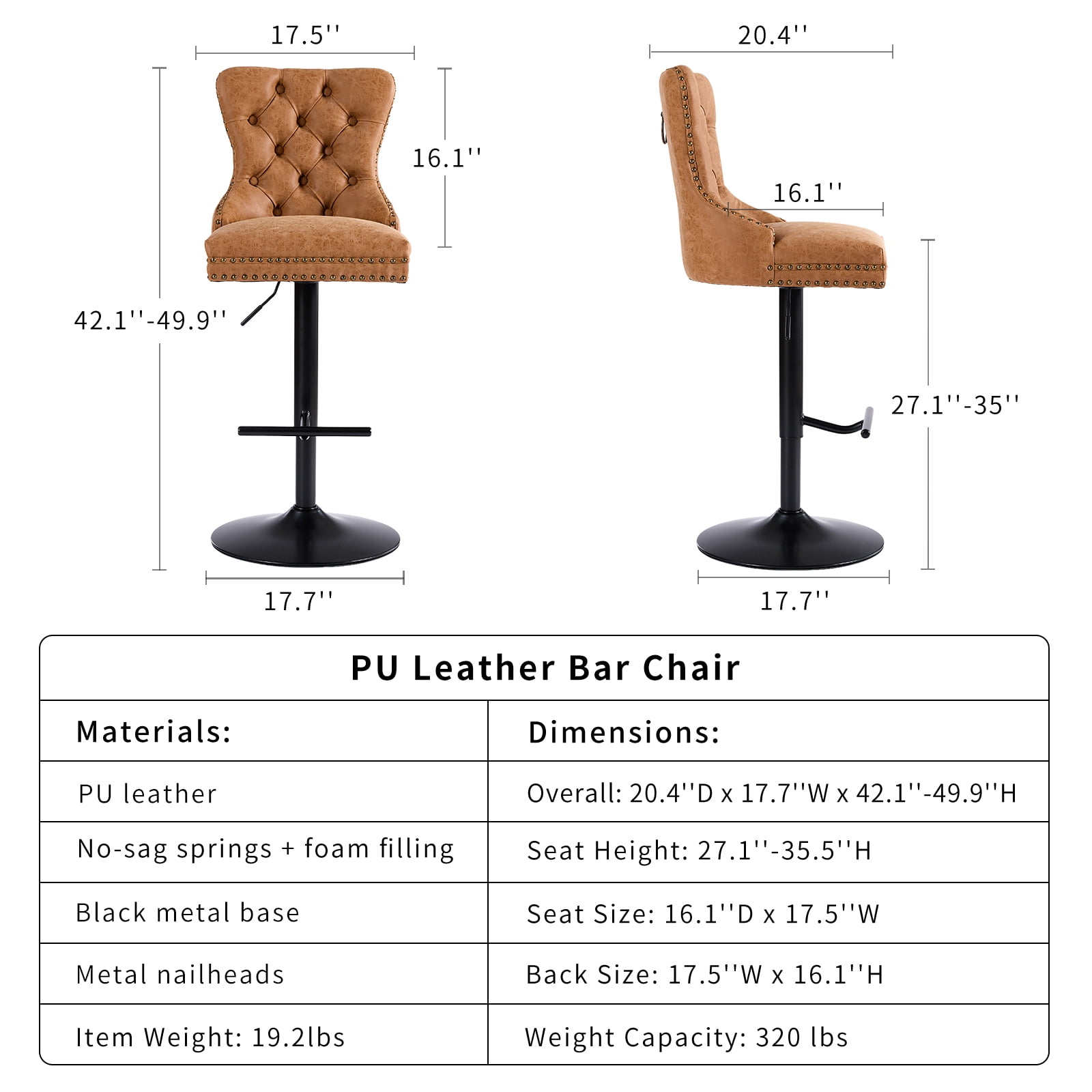 Orange PU Leather Swivel Bar Stools Set of 2 with Upholstered Back, Adjustable Counter Height Barstools, Bar Chairs for Home Bar Kitchen Island Pub Restaurant (2 Pcs, Orange)
