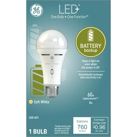 GE LED+ Backup Battery Light Bulb, Flashlight, 8 Watts, Soft White, A21 LED Light Bulb